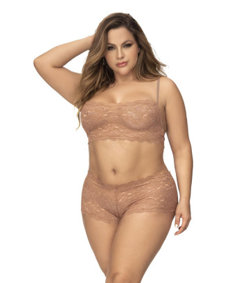 Ensemble 2 pièces en dentelle grande taille, top à bretelles et shorty couleur taupe 